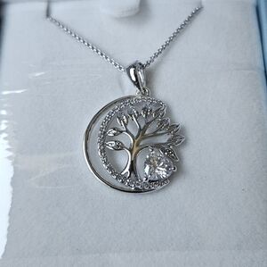 White Gold Plated Tree of Life Crescent Moon Pendant Necklace